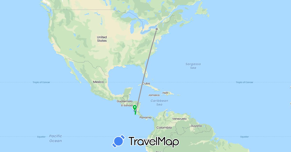 TravelMap itinerary: driving, bus, plane, boat in Costa Rica, Nicaragua, United States (North America)